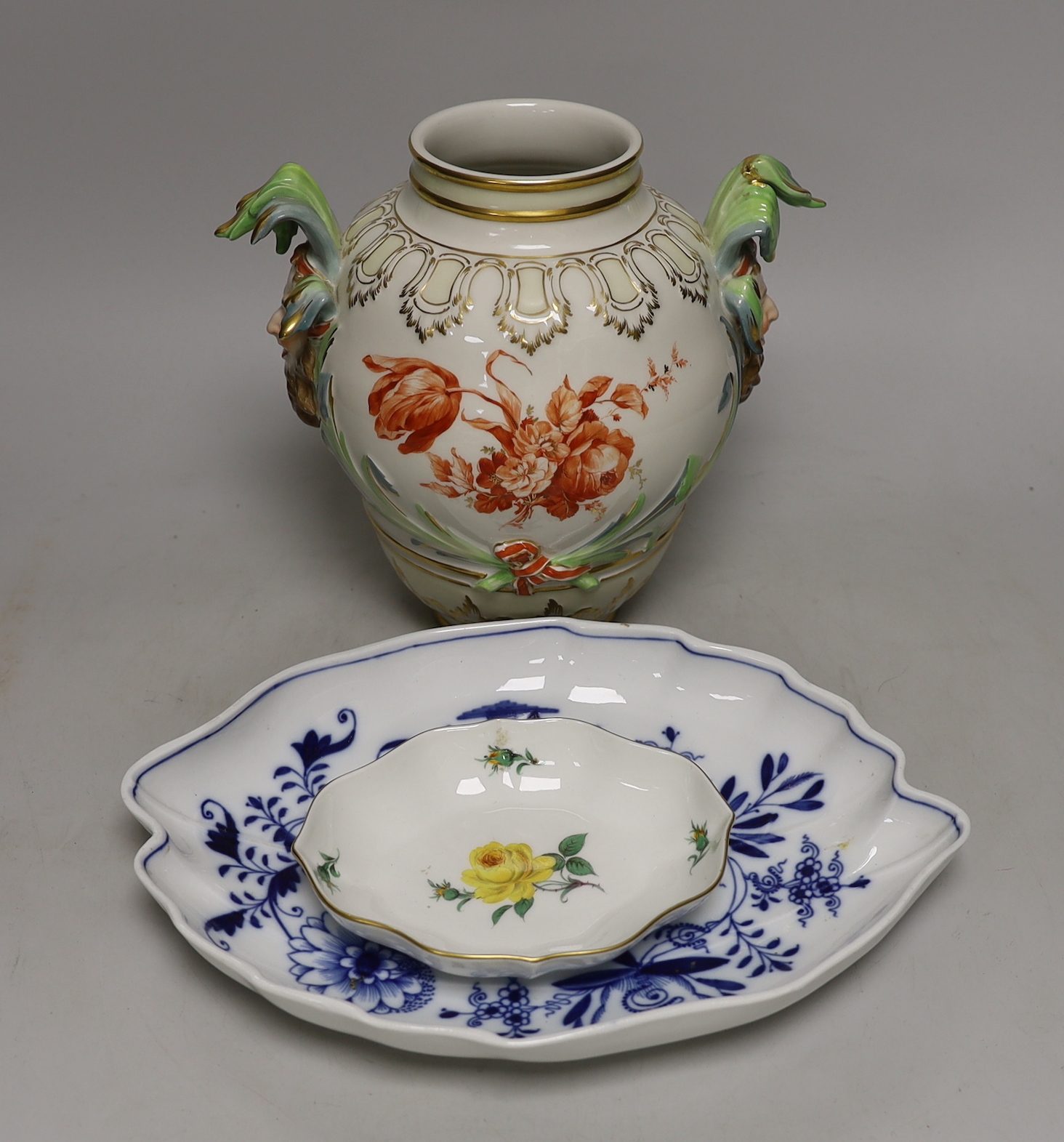 A Meissen onion pattern dish, a similar pin dish and a Berlin KPM vase (drilled), KPM vase 21cm high